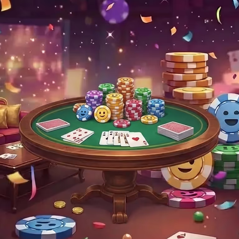 Rainbet Casino featuring a poker table stacked with chips and cards in a modern high-rise lounge overlooking the city skyline.